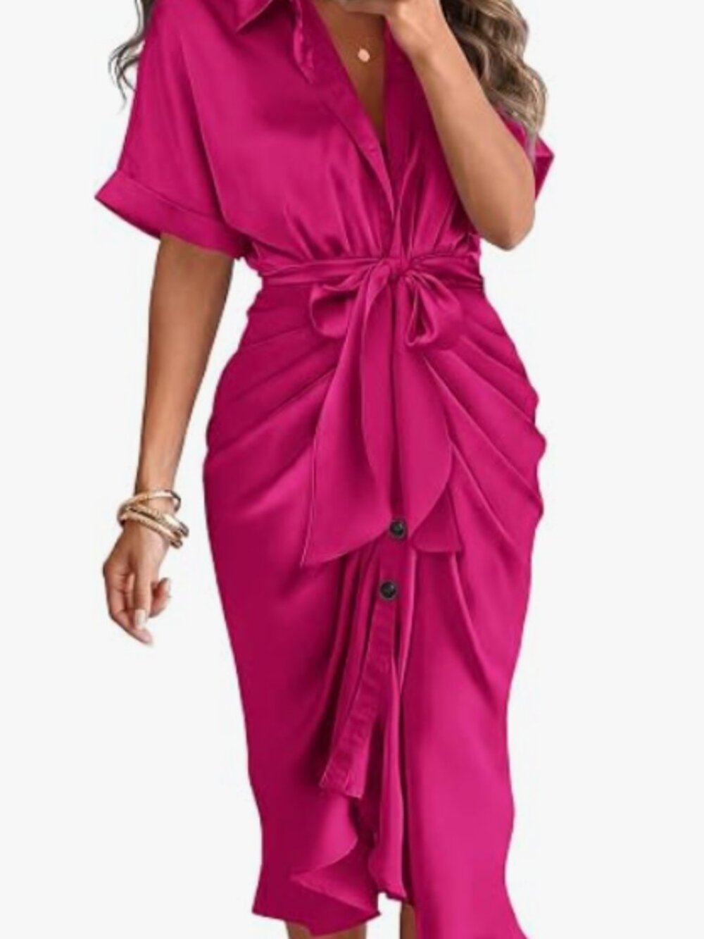 BTFBM Women’s Hot Pink Button Front Midi Dress Belted Short Sleeve Size XL